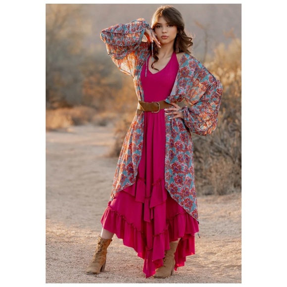 Joyfolie Boho Romantic Cottagecore Chic Satin Pomona Duster Robe Rust Floral XS - Picture 12 of 13